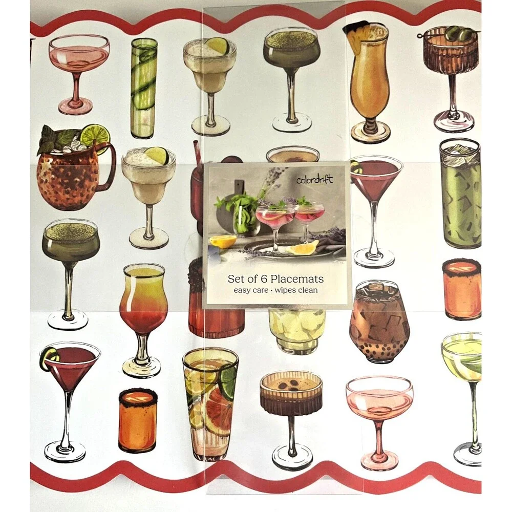 Colordrift Drinks Placemats Vinyl Foam Back Martini Beach Summer 13x18 Set of 6